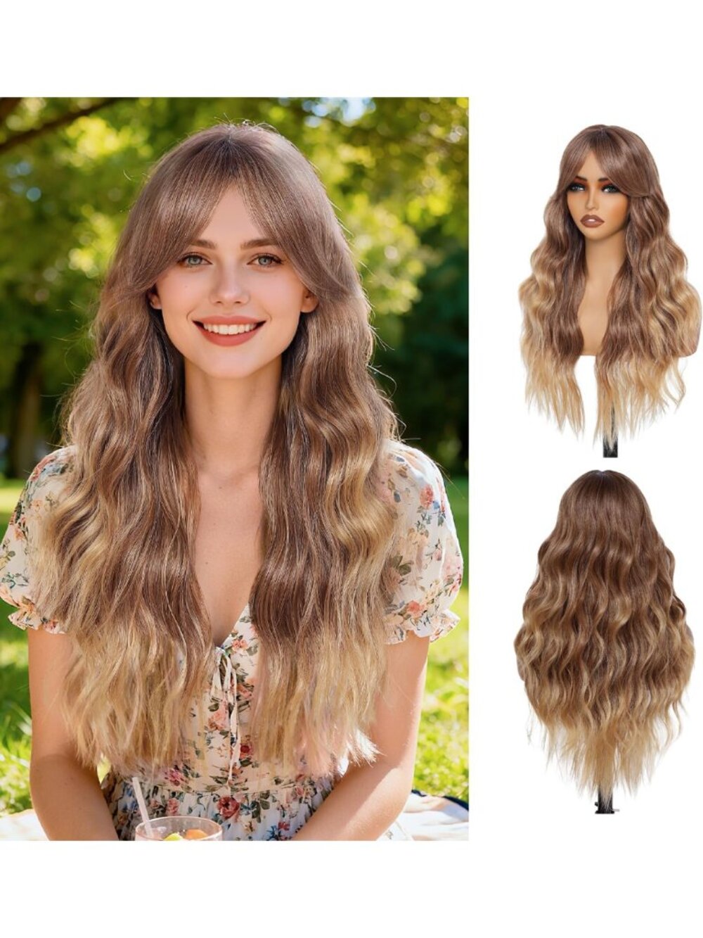 26" Long Wavy Honey Blonde Wig with Curtain Bangs for Women - Stylish & Natural